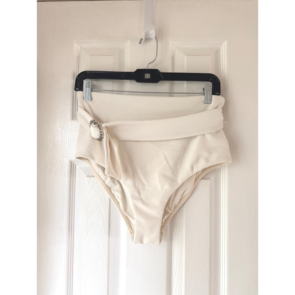 JETS Australia High Waisted Bikini Bottoms Cream Textured Buckle Detail Size 10